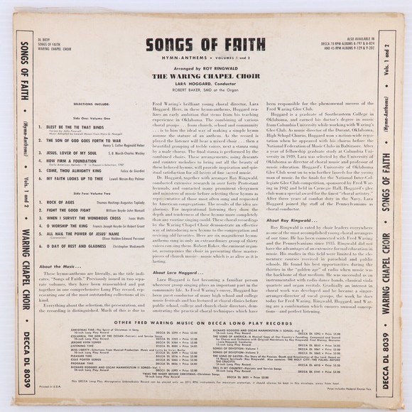 Waring Chapel Choir Songs Of Faith Hymn-Anthems Vol. I & II, LP Record DL 8039 - Picture 2 of 16